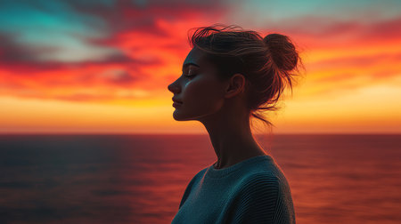 Finding Peace, Serenity at Sunset Silhouette of Woman against Vibrant Sky and Ocean Horizonの素材