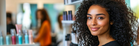 Beautiful Client with Natural Curly Hair Portrait Of Customer In Modern, Bright Salonの素材
