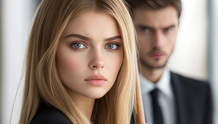 Young Businesswoman with a Serious Facial Expression, Blurred Businessman in the Backgroundの素材