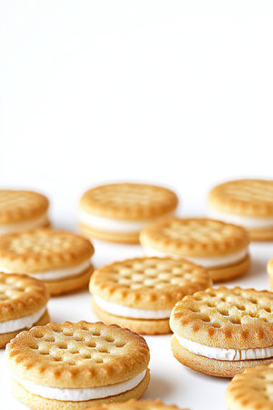 Sandwich Cookies with Sweet Creamy Filling Isolated on White Background, Close-up view.の素材
