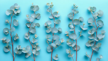 Five Eucalyptus Branches Arranged on a Blue Background, Overhead View, Minimalist Designの素材