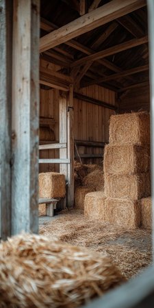Inside The Rustic Barn Stacks Of Golden Hay Bales Waiting To Be Used, Agriculture Scene On Farmの素材