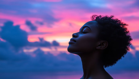 Serene Silhouette Woman Meditates Against Vibrant Sunrise Over Ocean, Focus on Profileの素材