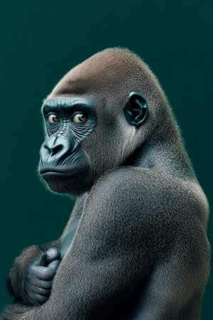 Thoughtful Gorilla Portrait An Intimate Glimpse into Primate Intelligence on Dark Backgroundの素材