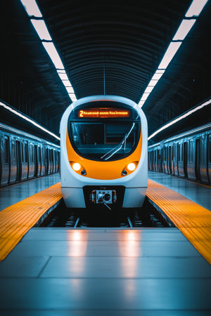 Modern Commuter Train Arriving in a Bright Underground Station, Public Transportation Photography.の素材