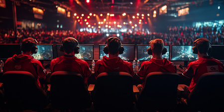 Esports Tournament Intensity Players Focused on Competitive Gameplay Under Stage Lightsの素材