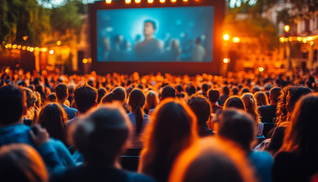 Outdoor Cinema Magic Crowd Enjoys Movie Under Summer Night Sky, Vibrant Lights, Joy, and Excitementの素材