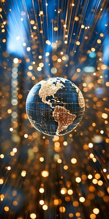 Planet Earth with light trails and bokeh lights Representing global networks and communication.の素材