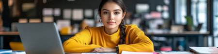 Young Woman. Using Laptop Computer in Casual Workplace Modern. Office Space, Technologyの素材