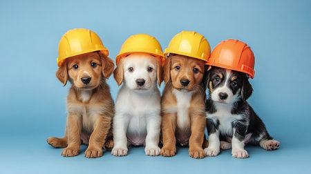 Four Adorable Puppies With Construction Hats, Teamwork and Friendship, Isolated on Blue Backgroundの素材