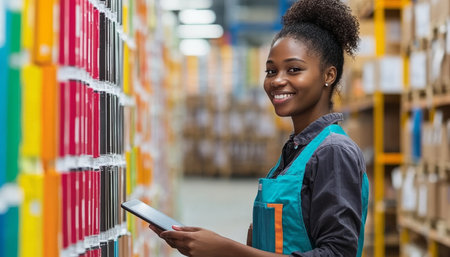 Smiling Warehouse Worker With Digital Tablet, Efficient Inventory Management And Logistics Solutionsの素材