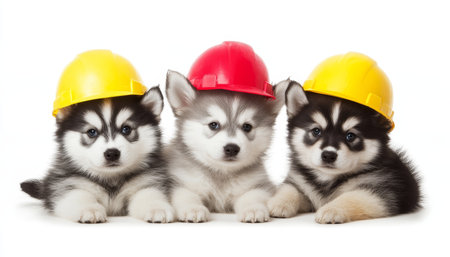 Three Adorable Puppies With Yellow And Red Construction Hats Sitting Together On A White Backgroundの素材