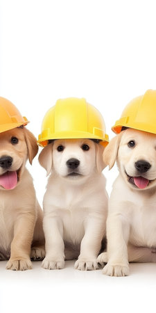 Three Adorable Golden Retriever Puppies Wearing Construction Hats on White, Teamwork Conceptの素材