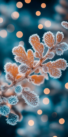 Close Up of Oak Leaves Covered in Frost with a Bokeh Background of Vibrant Orange and Blueの素材