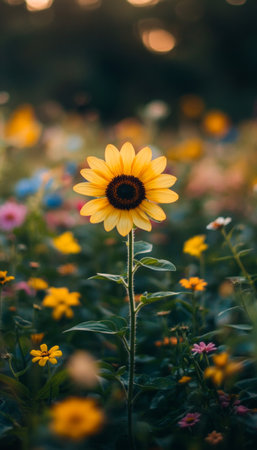 Golden Hour Bloom A Single Sunflower Stands Tall in a Vibrant Summer Garden, Floral Wonderlandの素材