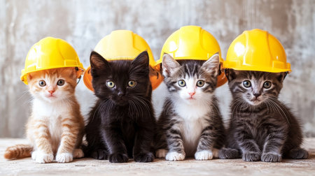 Adorable kittens in construction helmets, a symbol of safety and cuteness in the building industry.の素材
