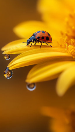 Ladybug on edge of yellow petal With Glistening Water Droplets after rain, Stunning macroの素材