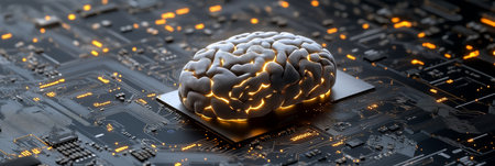 Brain Chip Illuminates Advanced AI Motherboard with Futuristic Glow, Technology Concept.の素材