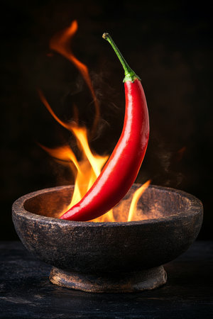 Red Hot Chili Pepper Ablaze in Rustic Wooden Bowl Vibrant Culinary Photography on Black Backgroundの素材