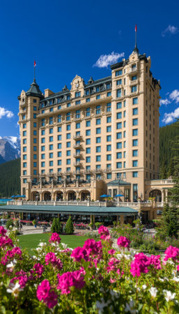 Grand Lakeside Hotel in Banff National Park. Tranquil summer view, flowers in the foreground.の素材