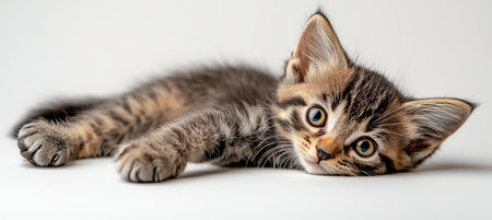 Brown Tabby Kitten Lying Down, Isolated on White with Perky Ears and Inquisitive Expressionの素材