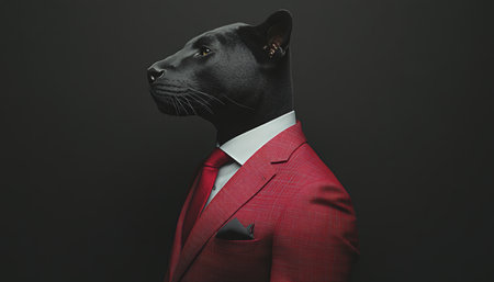 Anthropomorphic Panther in Red Suit, Blending Animal and Human Traits on Dark Backgroundの素材