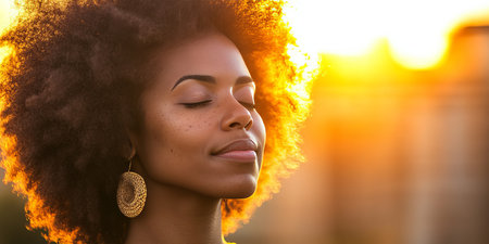 Serene Black Woman at Sunset Close-Up Portrait of Peace and Tranquility During Golden Hourの素材