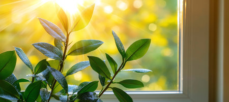 Sunny Day View Close-up of a house plant by a window with glistening sunlight and bokeh,,の素材