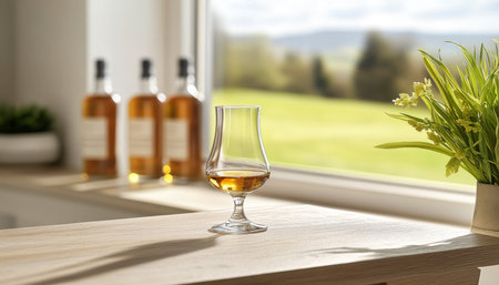 Whiskey Tasting Experience Elegant Glass with Golden Liquid and Blurred Bottles on Window Sillの素材