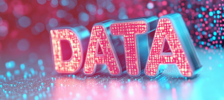 Vibrant 3D DATA Sign Made Of Pink And Blue Binary Code On A Shimmering Digital Backgroundの素材