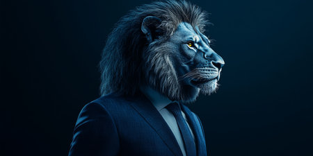 Majestic lion in a suit, profile view against a dark background, embodying human and animal traits.の素材