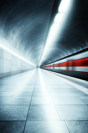 Empty Underground Train Station Platform With Modern Architecture And Bright Overhead Lightingの素材