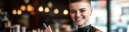 Young, Smiling Barber with Stylish Haircut Professional in Salon Holding Tool, Ready for Workの素材