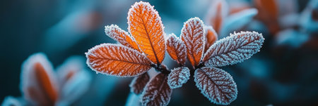 Orange and Blue Frost Covered Leaves, Nature Background, Vibrant Colors, Bokeh, Autumn, Winterの素材