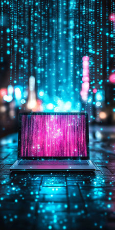 Vibrant Neon Laptop with Streaming Holographic Data in Futuristic Workspace, Technology Conceptの素材