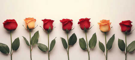 Seven Red and Yellow Roses Isolated on White Background, Floral Composition with Copy Spaceの素材