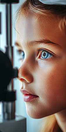 Girl Child Eye Exam. Young Girl Undergoes Eye Exam at the Ophthalmologist Precise checkupの素材