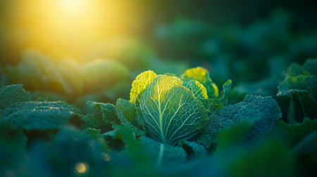 Green Savoy Cabbage in the Garden With Natural Morning Sunlight Backlit on Green Plant.の素材
