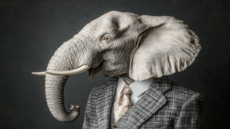 Anthropomorphic Elephant Profile, Classic Suit, Dark Studio Portrait, Artistic Animal Humanの素材