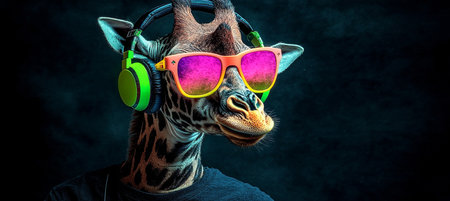 Funky Giraffe in Headphones and Iridescent Sunglasses Over an Atmospheric Gray Backgroundの素材