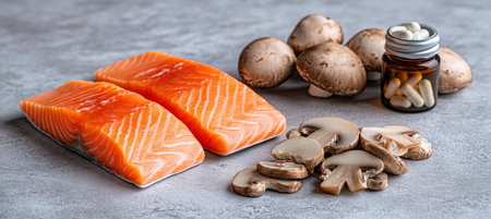 Fresh Salmon Fillets, Assortment of Mushrooms, and Vitamin D3 Capsules on a Textured Gray Backgroundの素材