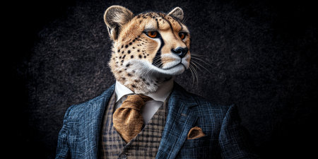 Anthropomorphic Cheetah in Suit, Animal Human Blend, Profile Portrait on Dark Backgroundの素材