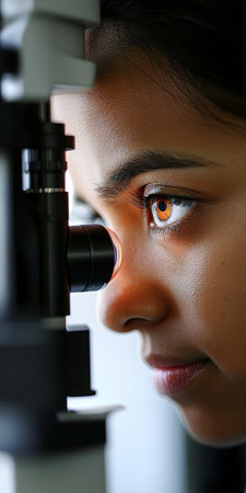 Close-up View Young Woman Undergoes Detailed Eye Examination with Professional Equipment.の素材