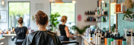 Sustainable Beauty Salon Back View of Stylists Working with Eco-Friendly Haircare Productsの素材