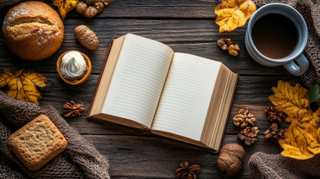 Autumn, Baking, and Storytelling Open Notebook Mockup with Seasonal Treats on Rustic Woodの素材