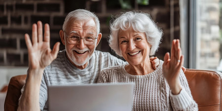 Happy Senior Couple Video Chatting At Home, Enjoying Technology, Staying Connected With Loved Onesの素材