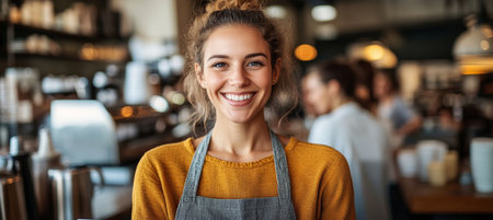 Smiling, Friendly Barista In Denim Apron Portrait Of A Confident Young Woman Working In A Busy Cafeの素材