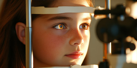 Young Girl Undergoing an Eye Exam with a Slit Lamp, Ophthalmology and Healthcare Concept.の素材