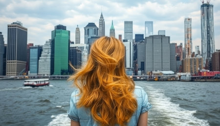 Young Woman On A Ferry Admiring City Skyline Embracing Travel, Freedom, And Adventureの素材
