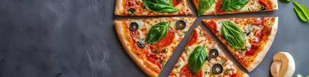 Tasty Italian Pizza Slices with Fresh Basil, Pepperoni, and Olives on Dark Backgroundの素材